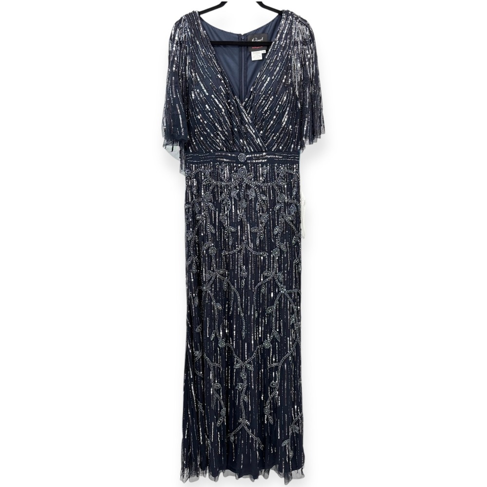 Mac Duggal NEW Navy Embellished Cap Sleeve Faux Wrap Trumpet‎ Gown $698 Size 12 - Picture 3 of 16
